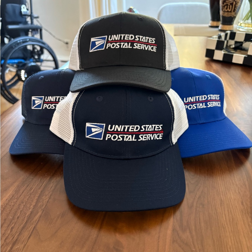 Bundle of 4 mailman Post Office USPS baseball caps, Black and Blue Trucker Hats